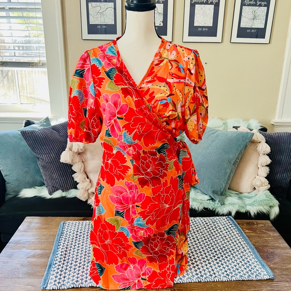 SHEIN Orange/Pink/Yellow Floral Wrap Dress 14/16